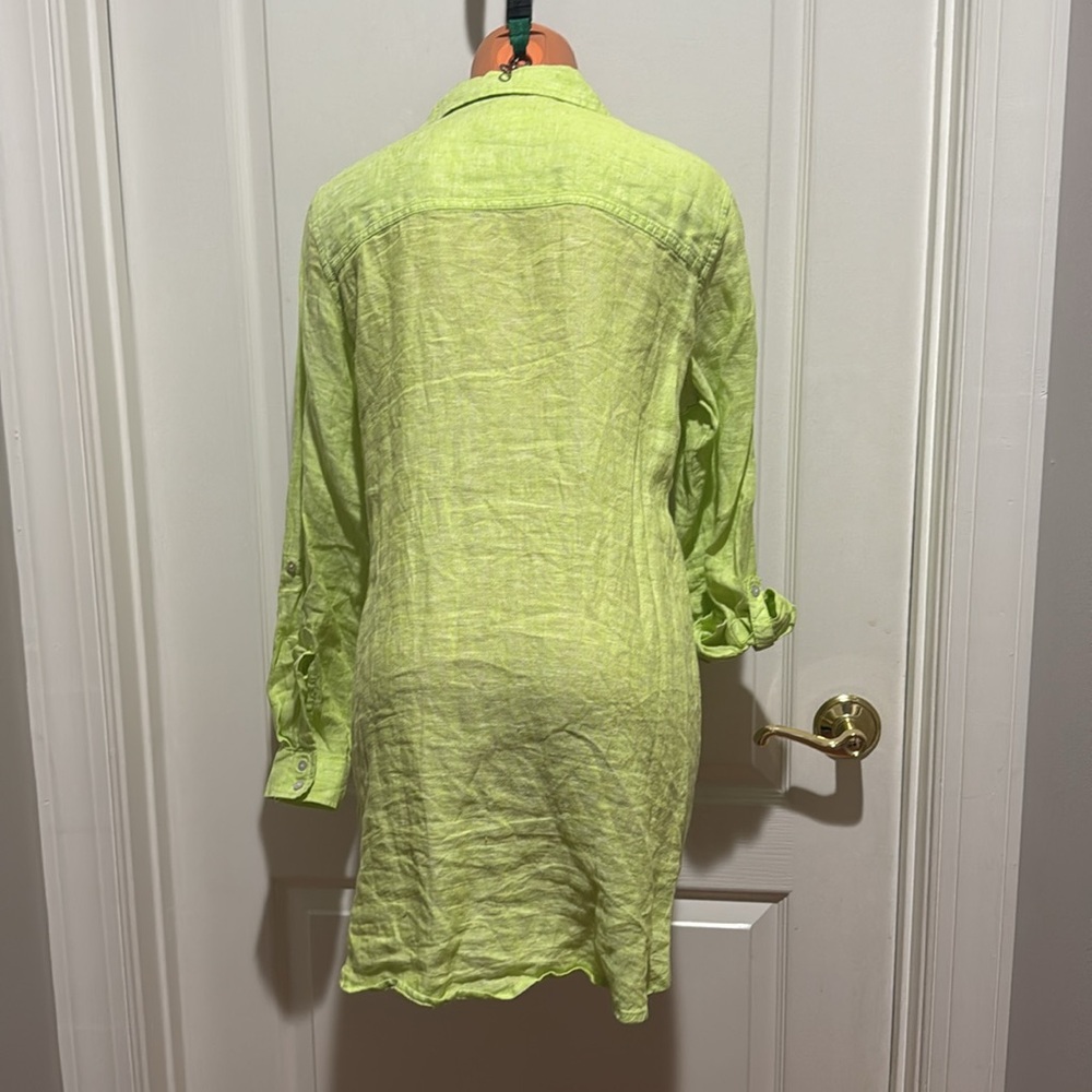 SIGRID OLSEN Linen Shirt Green L/S Roll Cuff V Neck Point Collar S Small EUC $98 - Picture 10 of 13